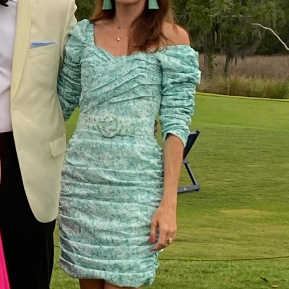 NICHOLAS Crossover Gathered Dress Aqua Floral sz 0 - Picture 11 of 11